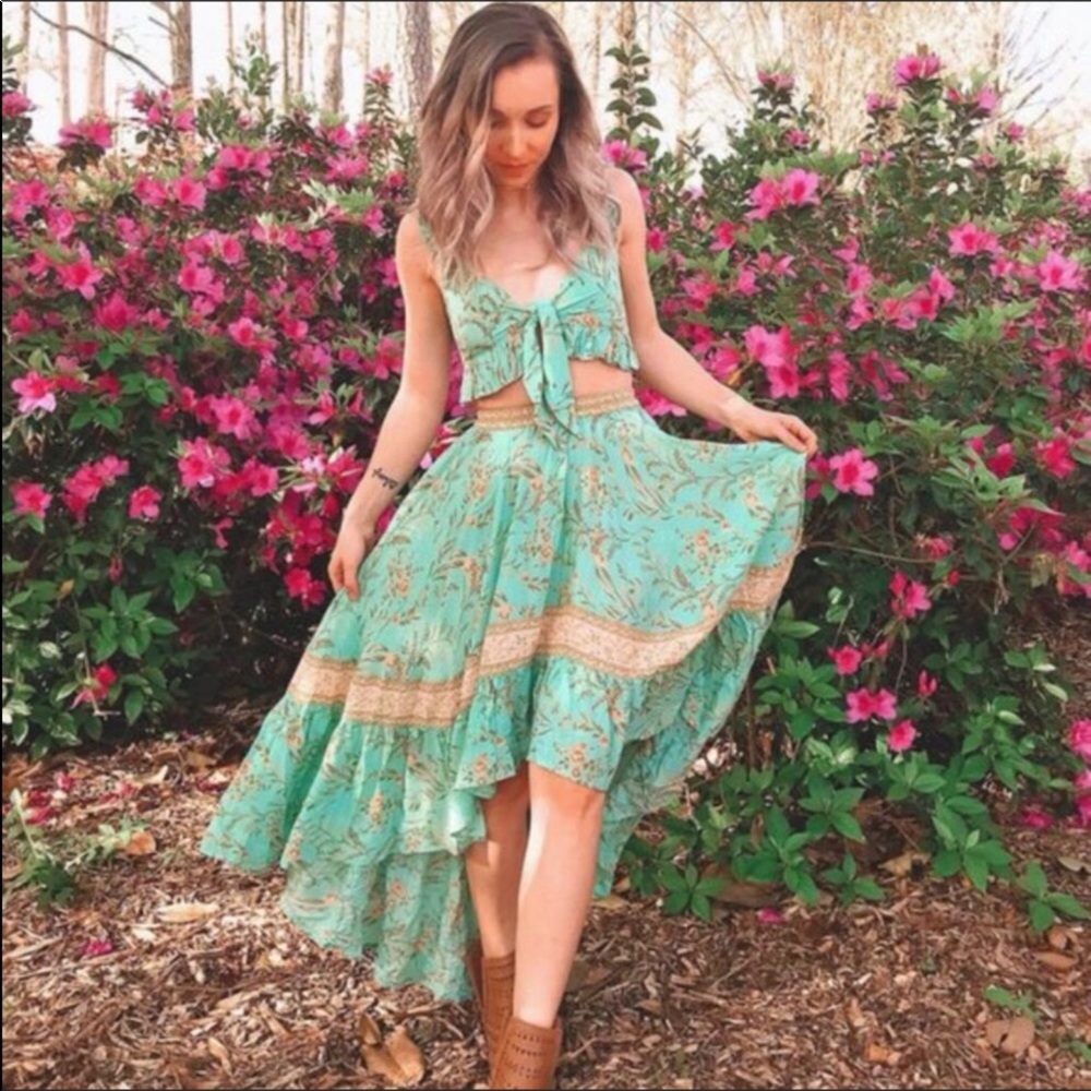 NEW Mint Boho Floral Print Hi Low Maxi Skirt